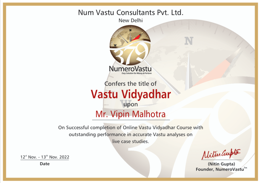 Vipin malhotra - numero vastu certificate