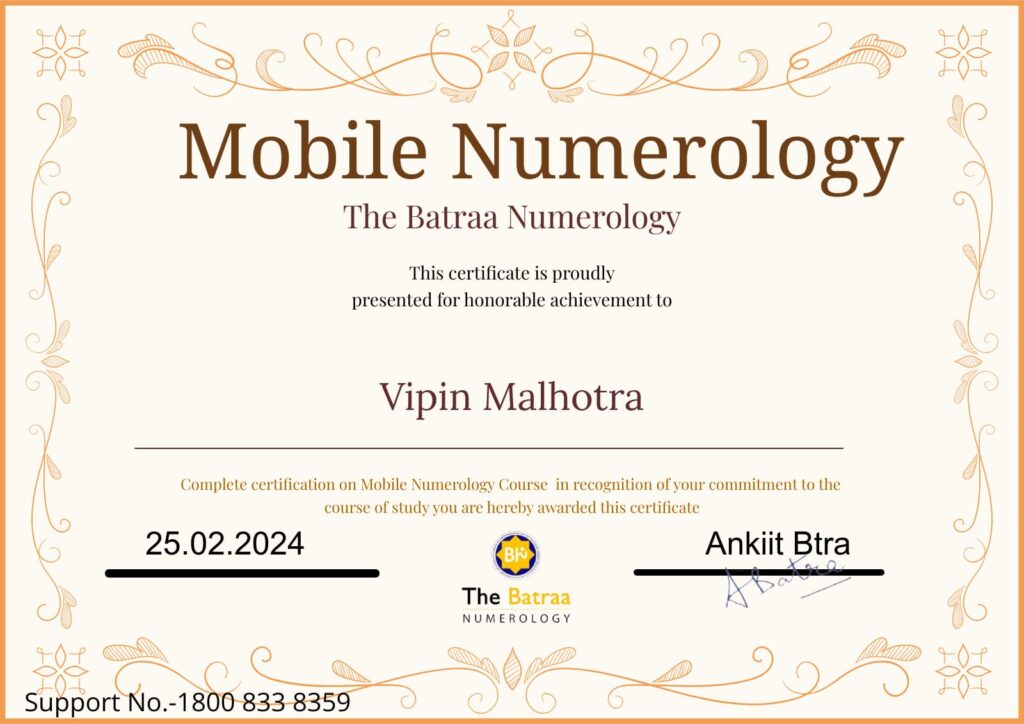 Vipin malhotra the batraa numerology certificate